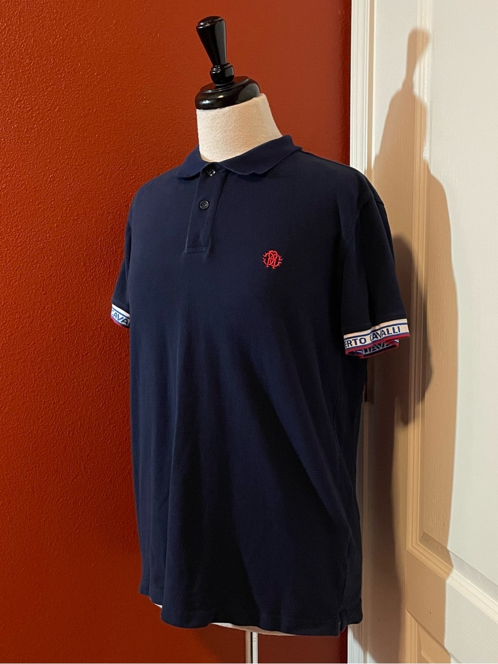 Roberto Cavalli Men’s Pique Cotton Slim Fit Embroidered Spellout Cuff Fit Polo